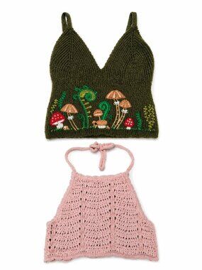 2 Pc Bundle Crochet Crop Halter Tops- Boho Pink + Mushroom Cottagecore Festival